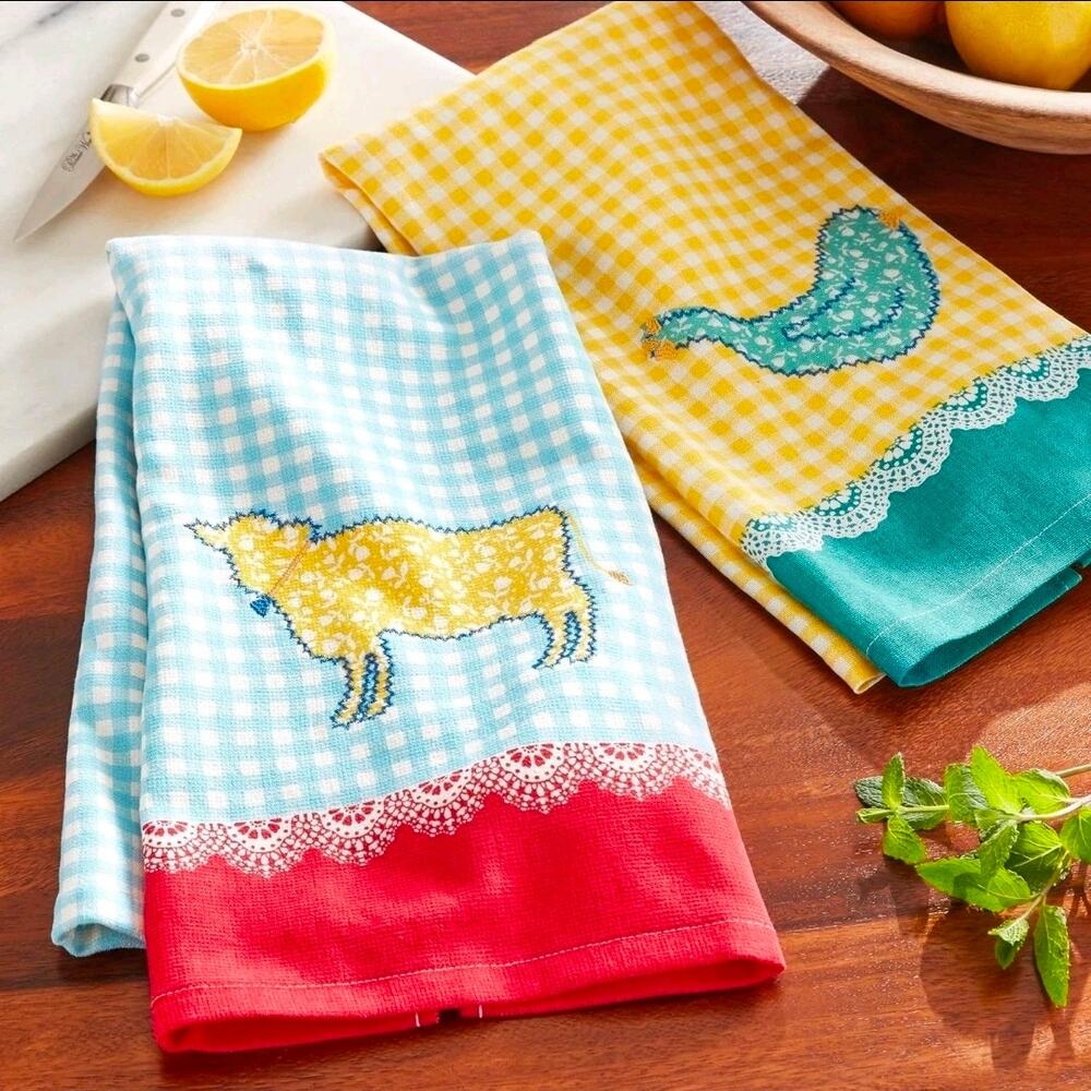 Pioneer Woman Animals Kitchen Towel Set 2 Pack 16" x 28" Gingham & Lace Pattern